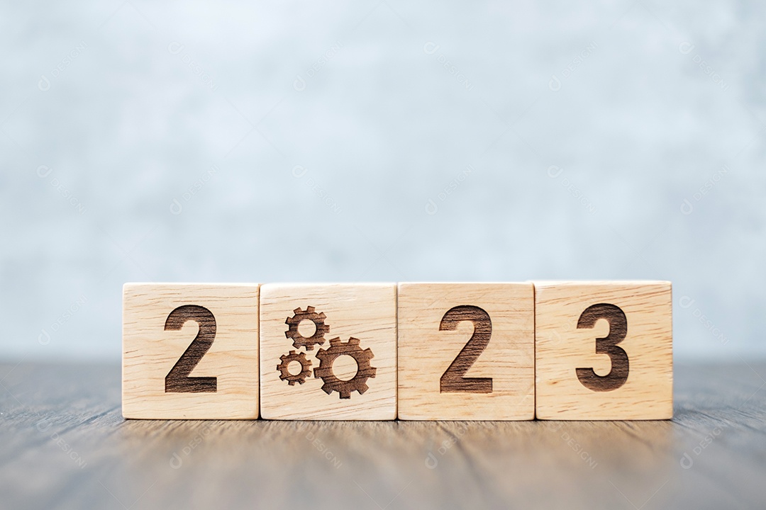 Bloco 2023 com ícone de engrenagem. Processo de negócios, equipe, trabalho em equipe