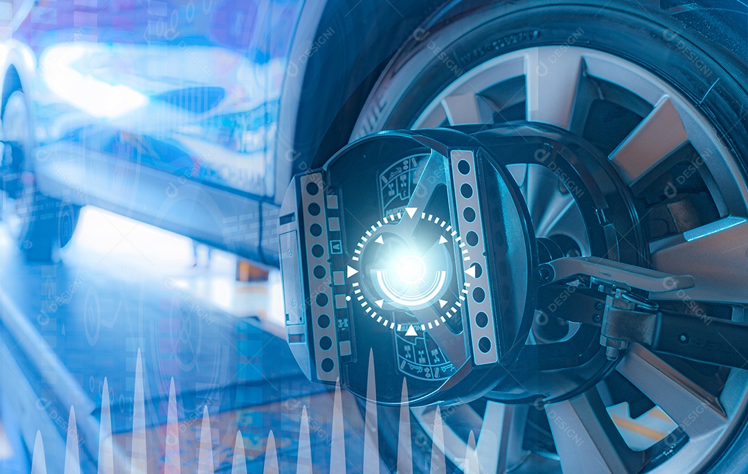 O equipamento de alinhamento da roda segura o pneu da roda do carro na reparação do carro