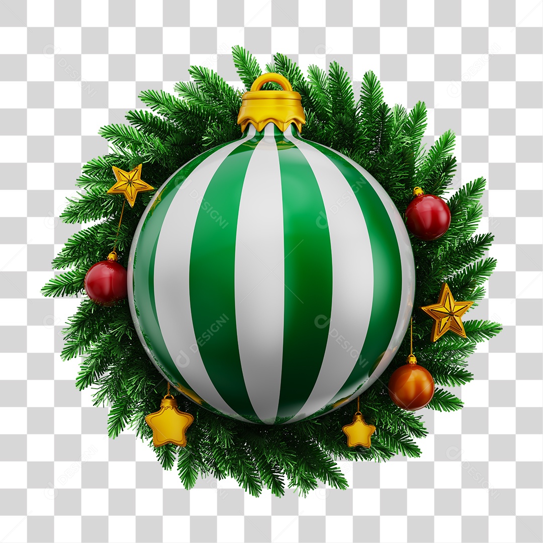 Bola de Natal Branca Com Listra Verde e Guirlanda Natalina PNG