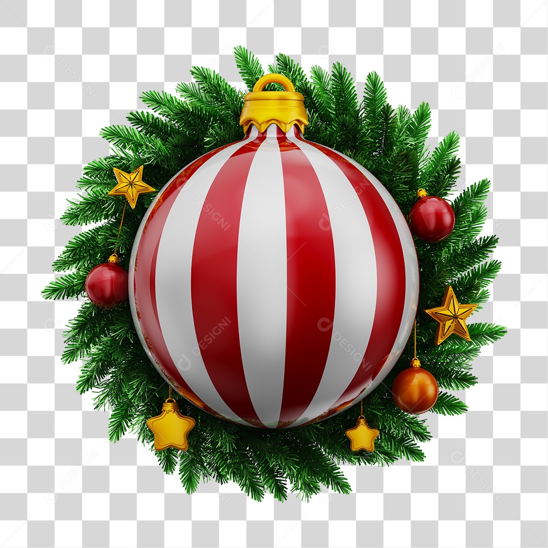 Bola de Natal Branca Com Listra Vermelha e Guirlanda Natalina PNG Transparente