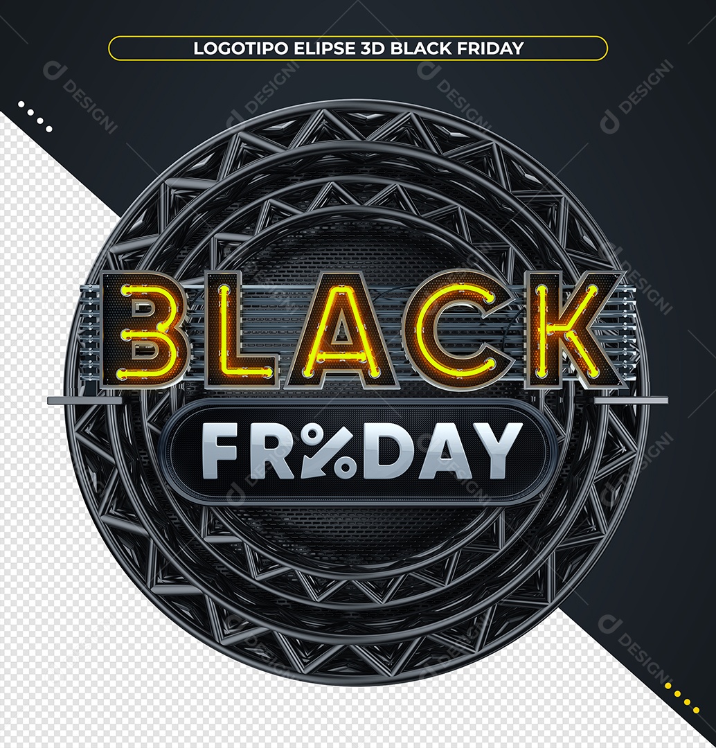 Black Friday Selo 3D Amarelo com Luz Neon para Composição PSD