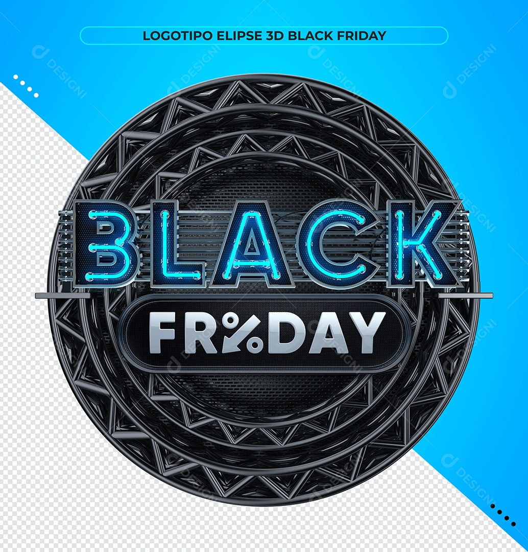 Black Friday Selo 3D Azul e Branco com Luz Neon para Composição PSD