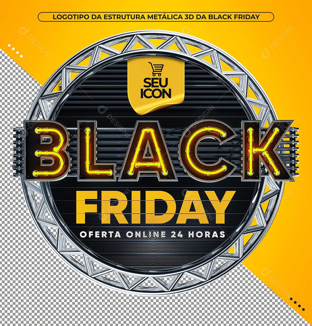 Black Friday Selo 3D Amarelo com Luz Neon para Composição PSD