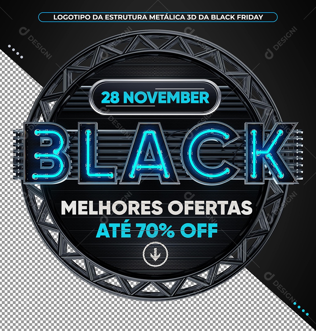 Black Melhores Ofertas Até 70% Off Selo 3D Azul com Luz Neon para Composição PSD