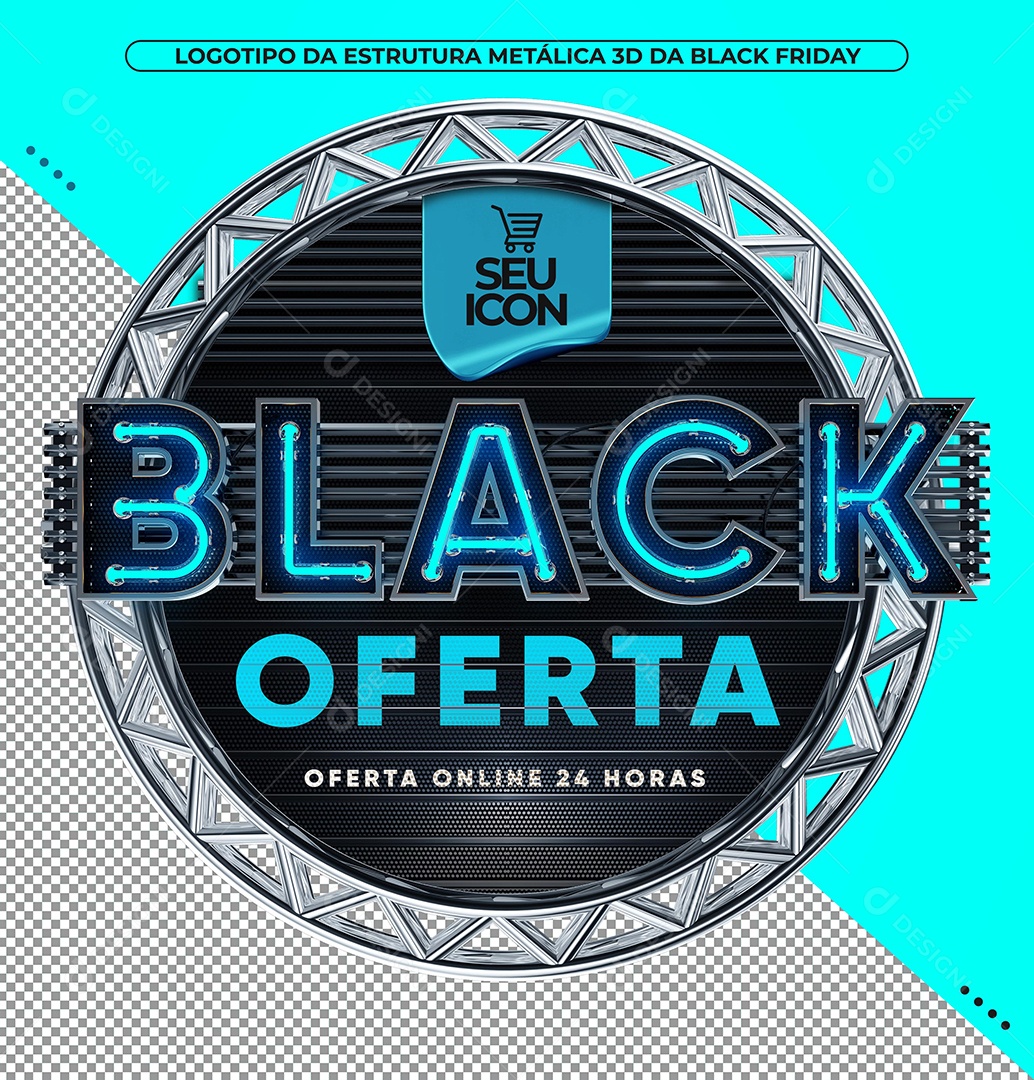 Black Oferta Selo 3D Azul com Luz Neon para Composição PSD