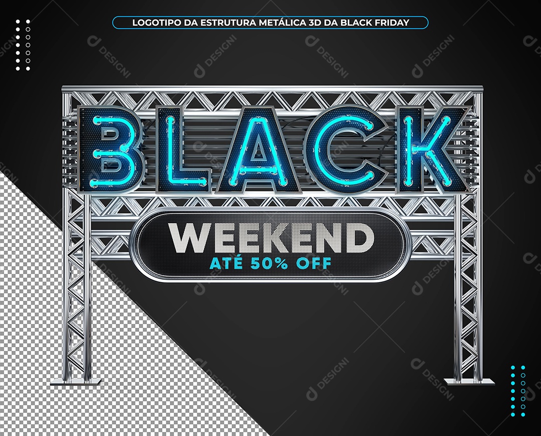 Black Weekend 3D Azul Com Luz Neon para Composição PSD