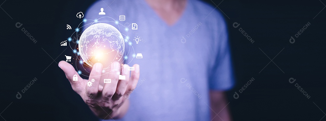 Mão segurando o metaverso de conexão de Internet global virtual.