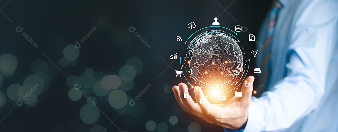 Mão segurando o metaverso de conexão de Internet global virtual. negócios