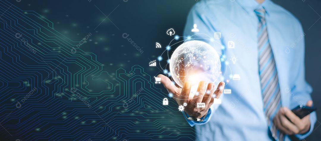 Mão segurando o metaverso de conexão de Internet global virtual. negócios