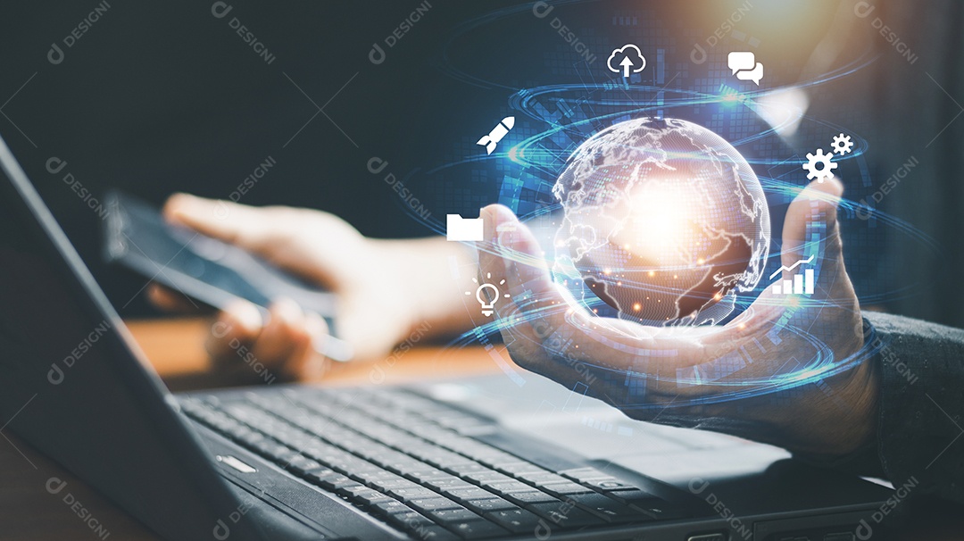 Mão segurando o metaverso de conexão de Internet global virtual. negócios