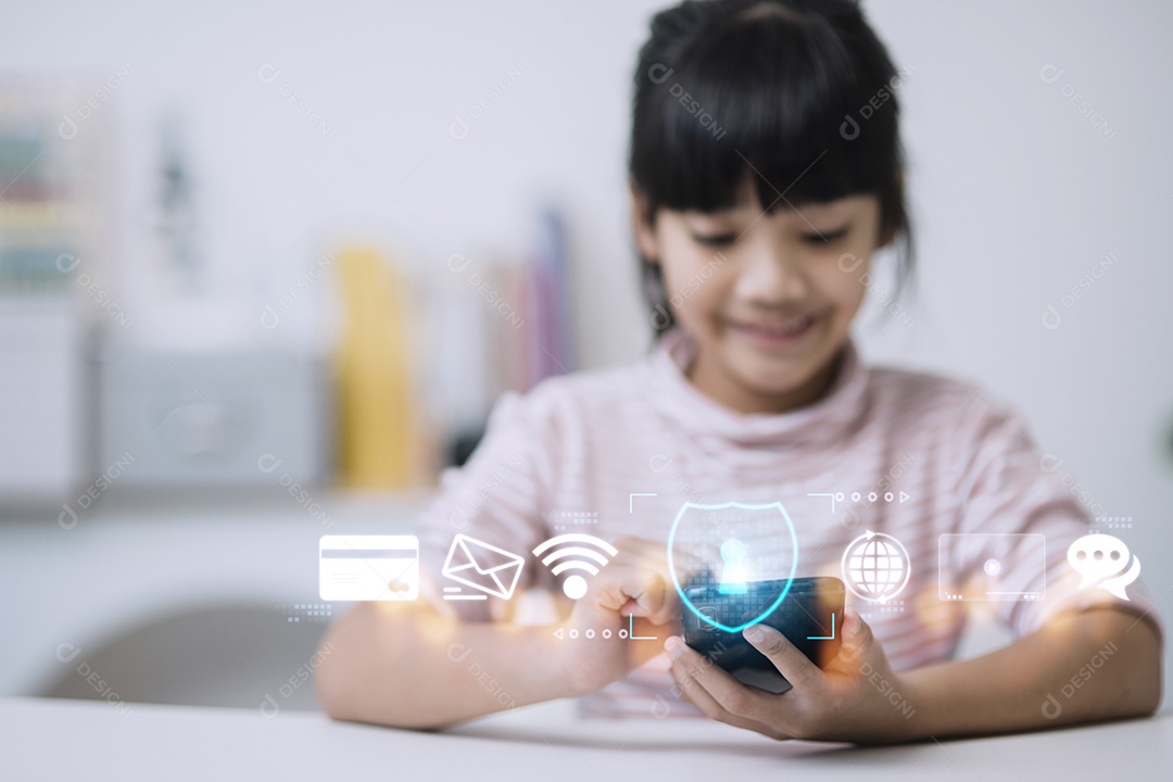 Segurança infantil online. Menina usando smartphone em casa. ícone