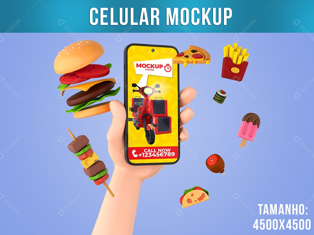 Celular Mockup com Comida Mão Cartoon Delivery PSD