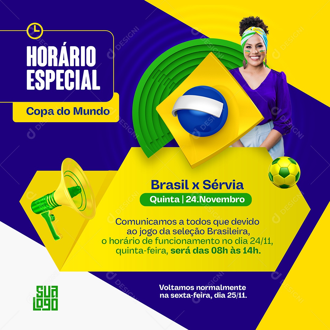 Copa do Mundo Comunicado Horário Especial Brasil Social Media PSD Editável