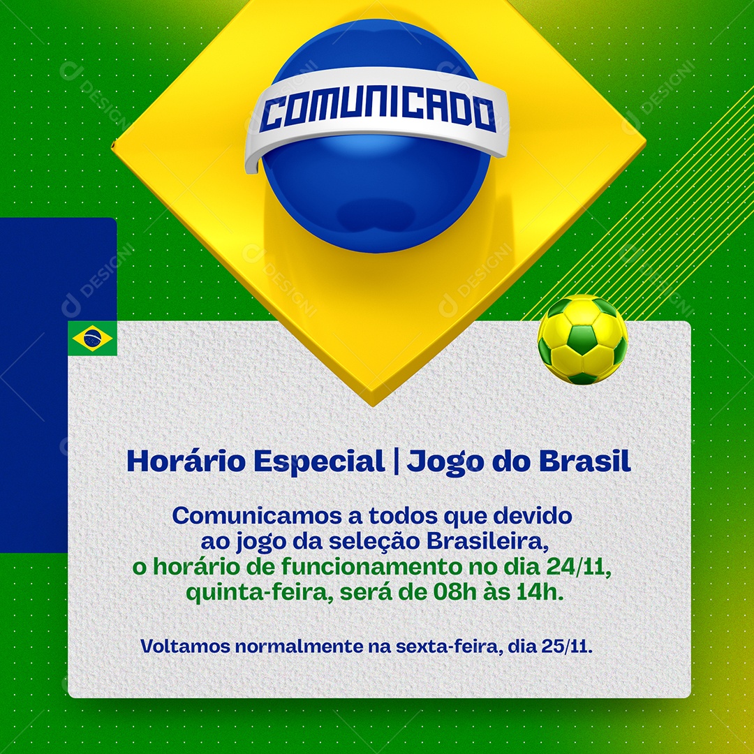 Copa do Mundo Comunicado Horário Especial Brasil Social Media PSD Editável