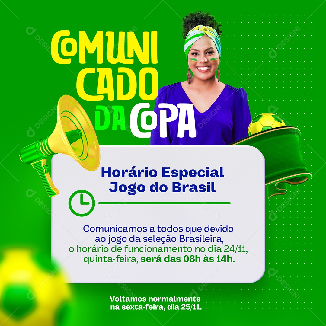 Copa do Mundo Comunicado Horário Especial Brasil Social Media PSD Editável
