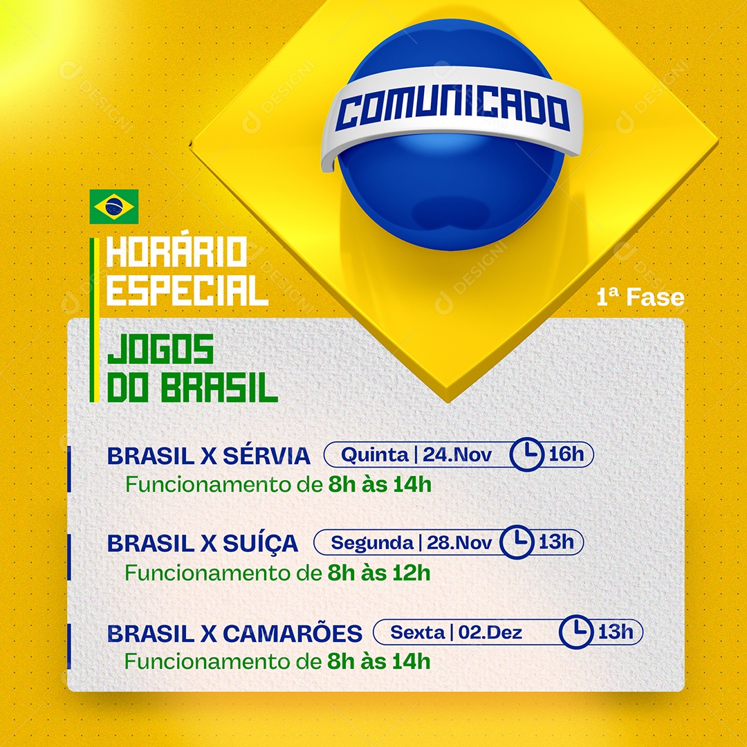 Copa do Mundo Comunicado Horário Especial Brasil Social Media PSD Editável