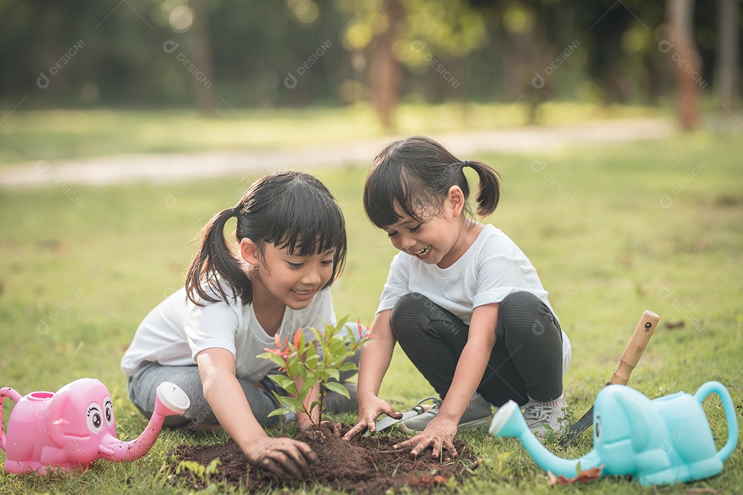 Irmãs asiáticas plantando árvore jovens plantando arvores