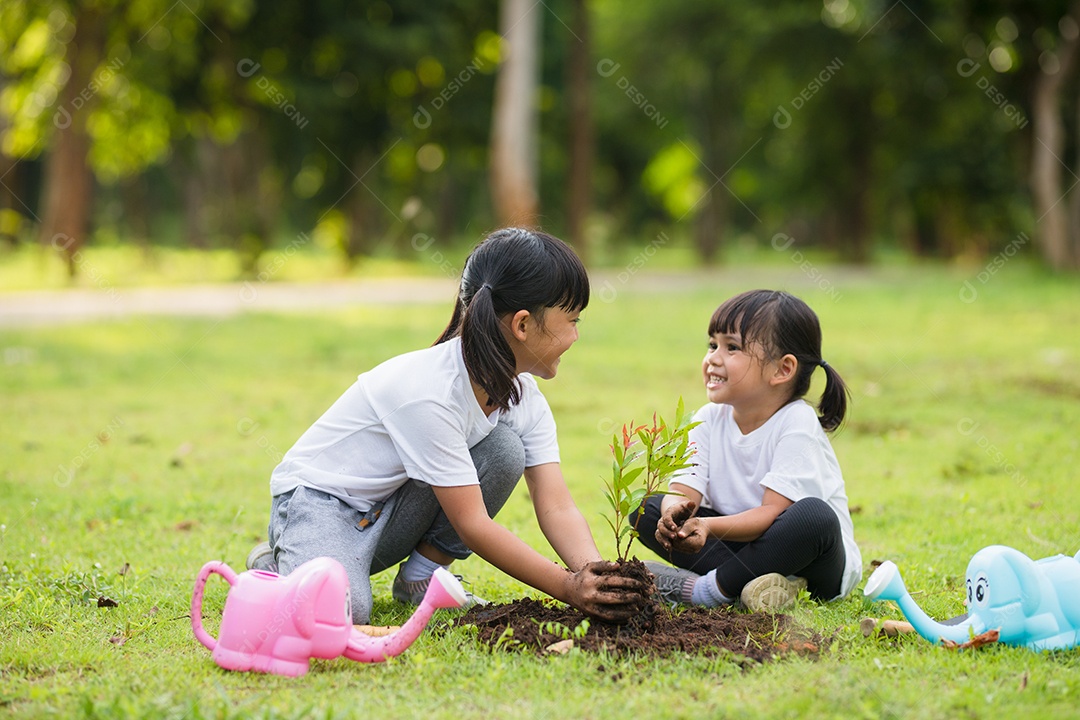 Irmãs asiáticas plantando árvore jovens plantando arvores