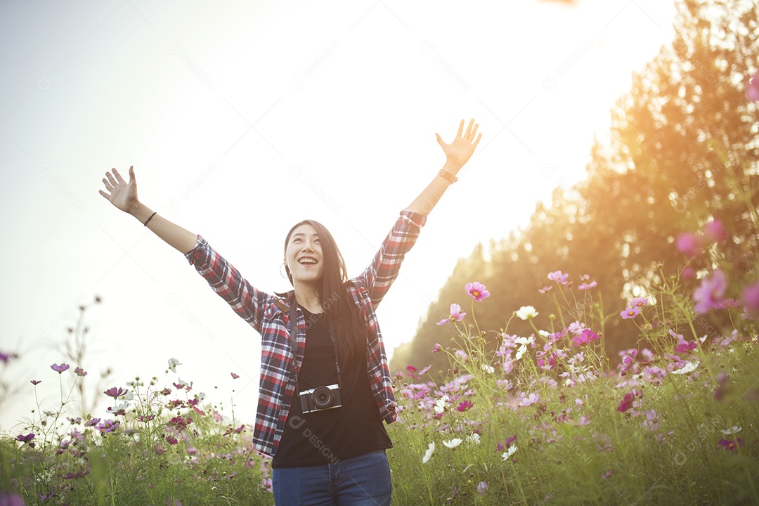 Menina bonita em um campo de flores do cosmos ao pôr do sol.