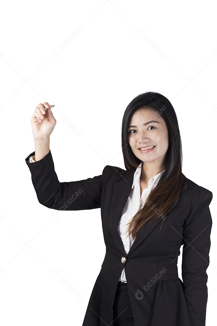 A woman who writes something with her hand.
