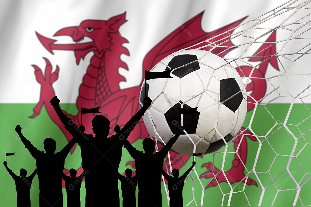 Silhouettes of football fans with flag of Wales