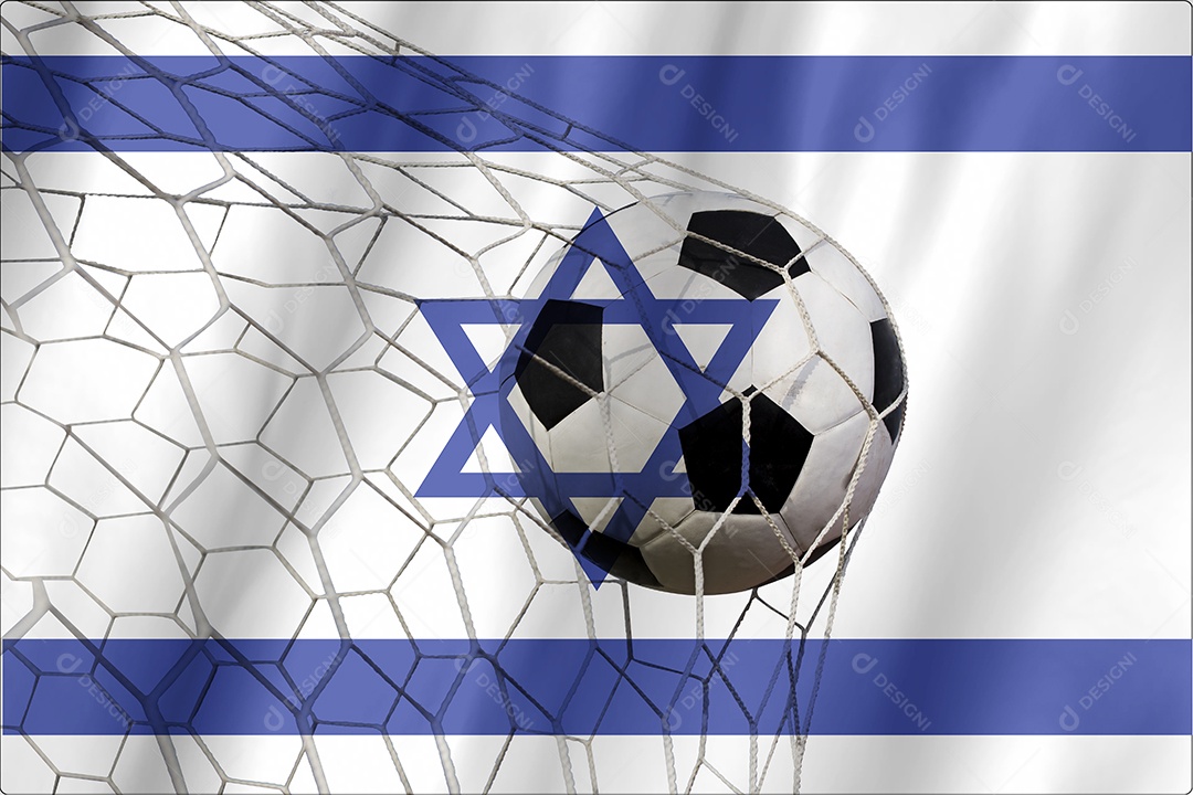 Bandeira de Israel e bola de futebol, futebol na rede do gol