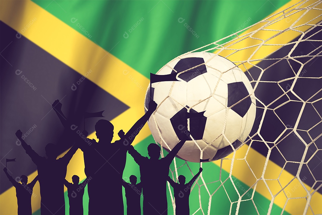 Silhuetas de fãs de futebol com bandeira da Jamaica