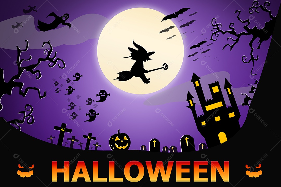 Fundo de Halloween com cemitério assustador, árvores nuas, túmulos e morcegos