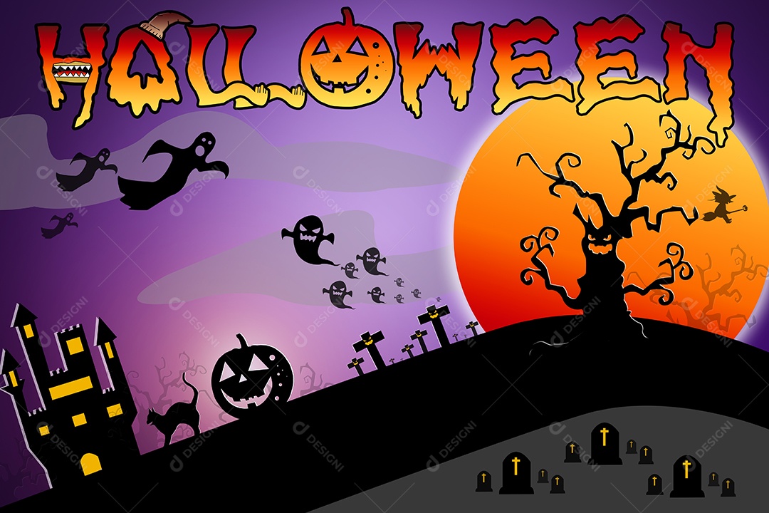 Fundo de design de Halloween com cemitério assustador, árvores nuas