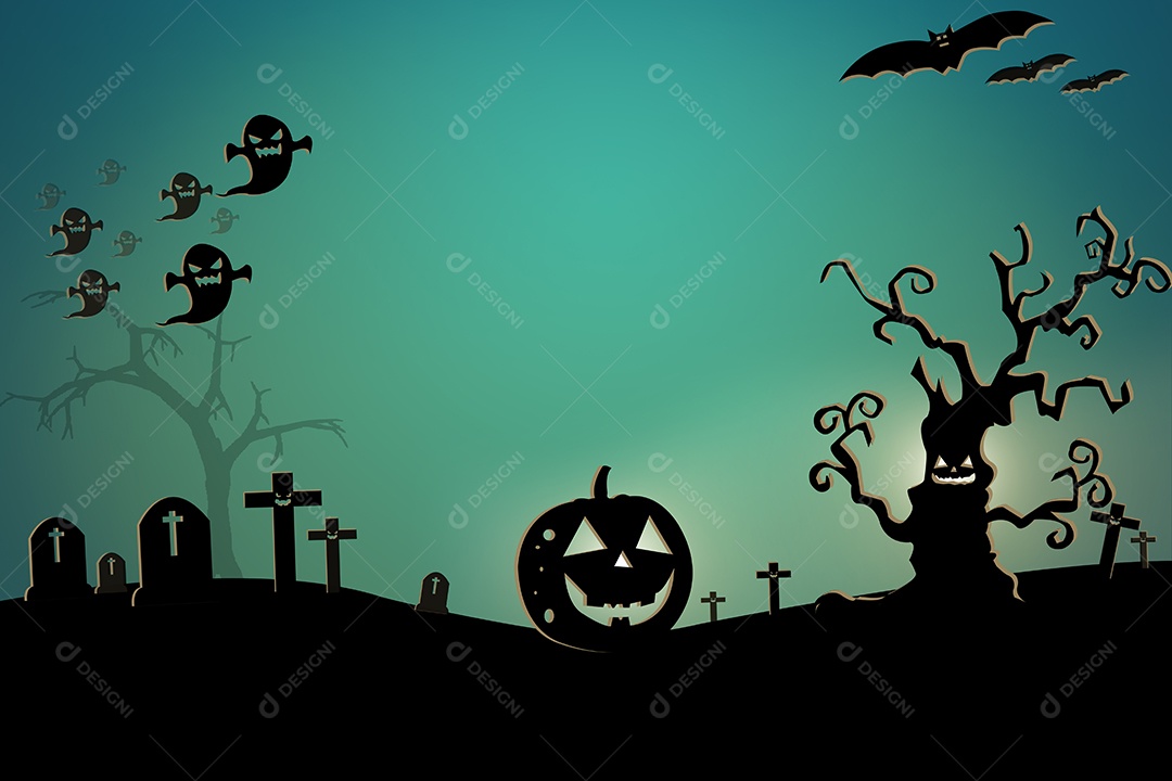 Fundo de design de Halloween com cemitério assustador, árvores nuas