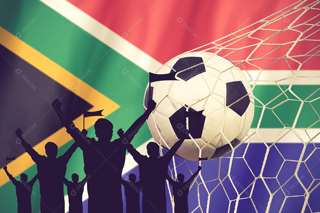 Silhuetas de fãs de futebol com a bandeira da África do Sul