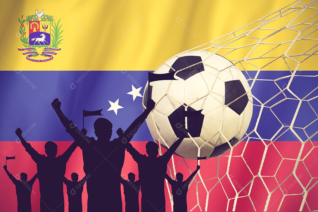 Silhuetas de fãs de futebol com bandeira da Venezuela Cor vintage do conceito de alegria