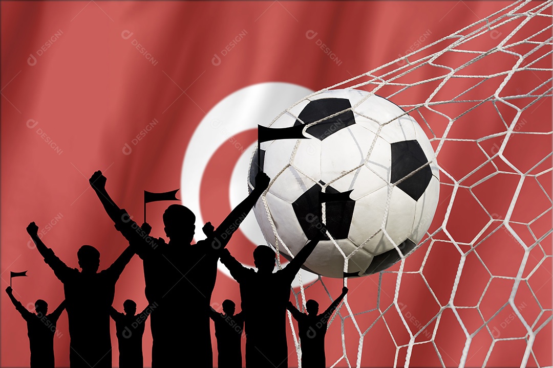 Silhuetas de fãs de futebol com a bandeira da Tunísia
