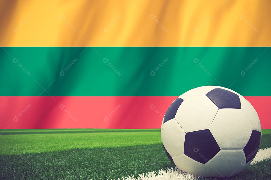 A bola de futebol e a bandeira nacional da Lituânia encontram-se no grama verde.