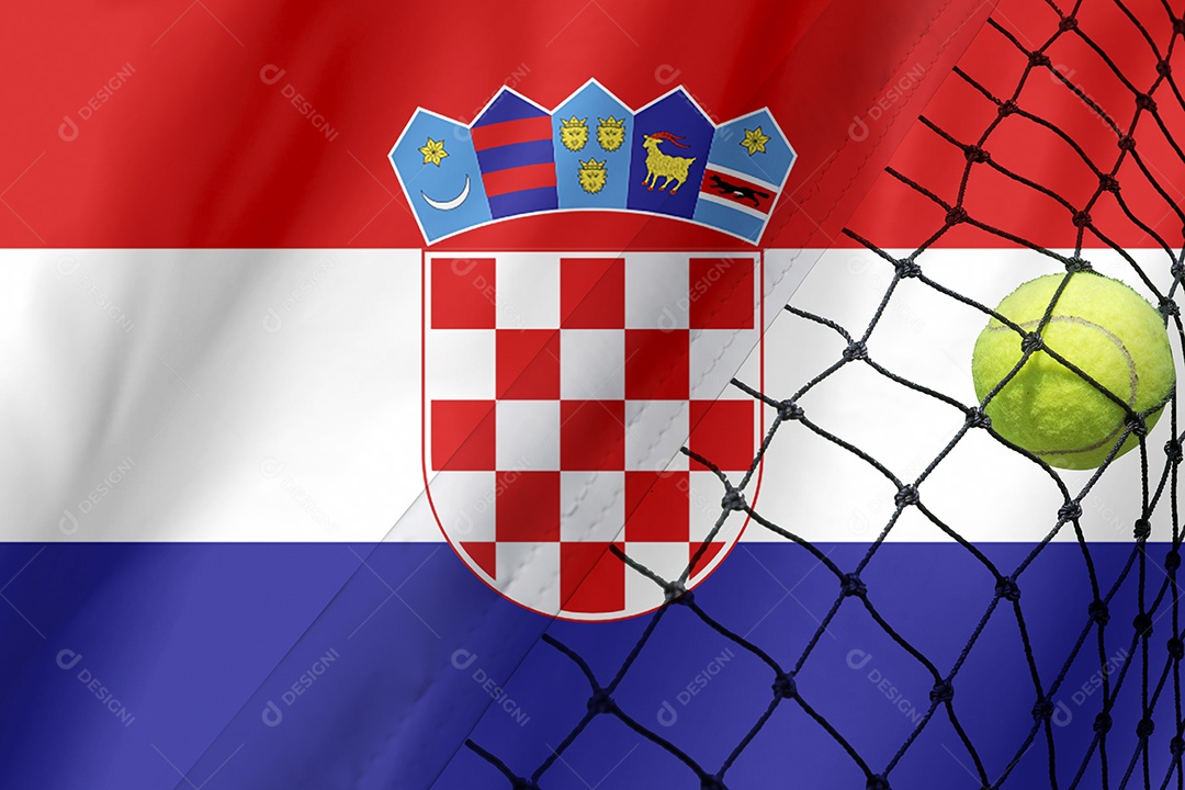 Bola de tênis na rede no fundo da bandeira da Croácia.