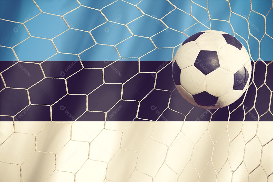 Bandeira da Estônia e bola de futebol, futebol na cor vintage da rede do gol.