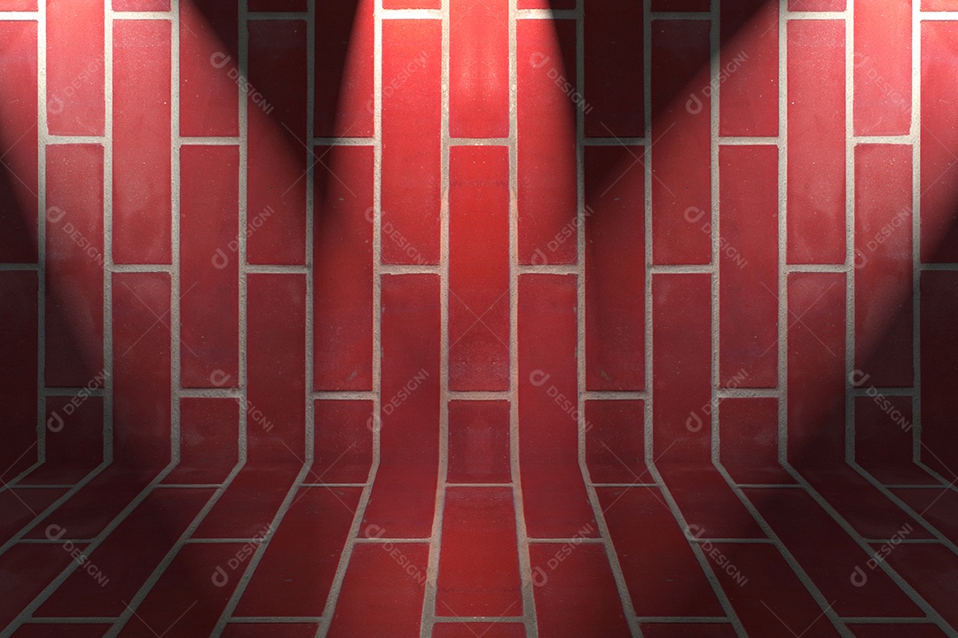 Parede de tijolos vermelhos e três pontos de luz.