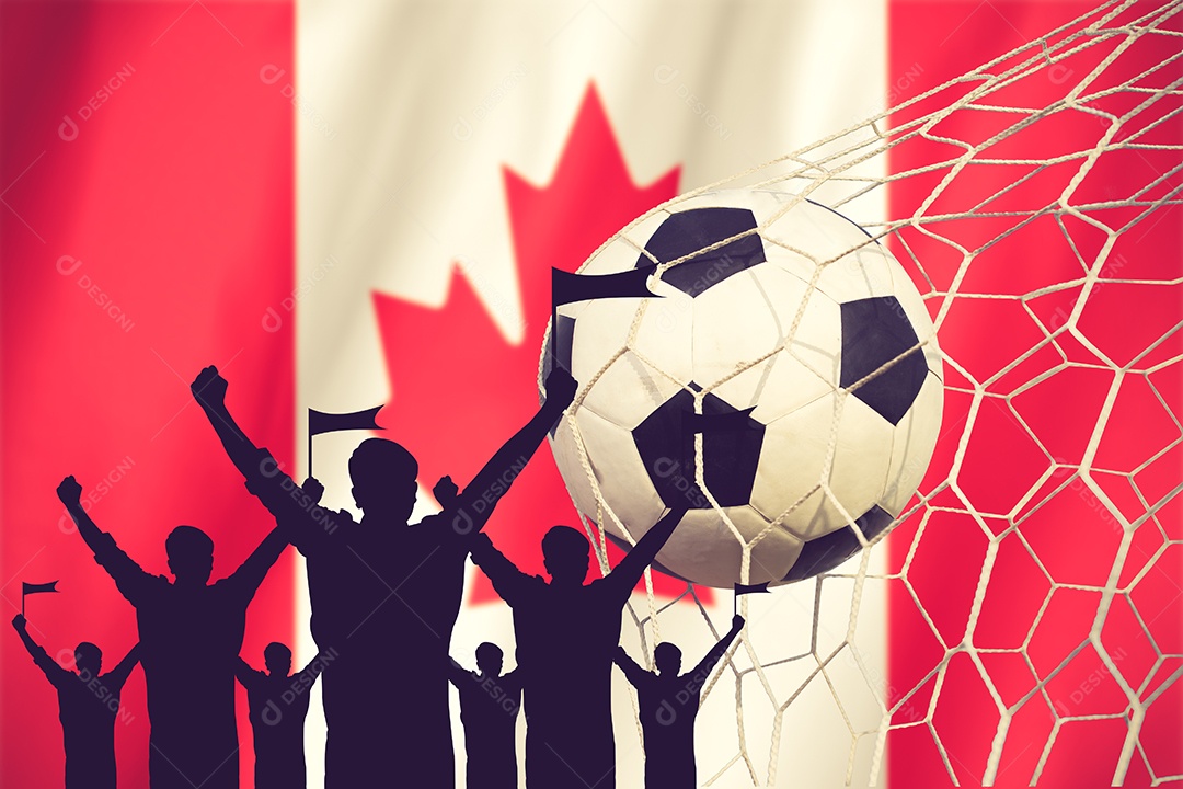Silhuetas de fãs de futebol com a bandeira do Canadá.
