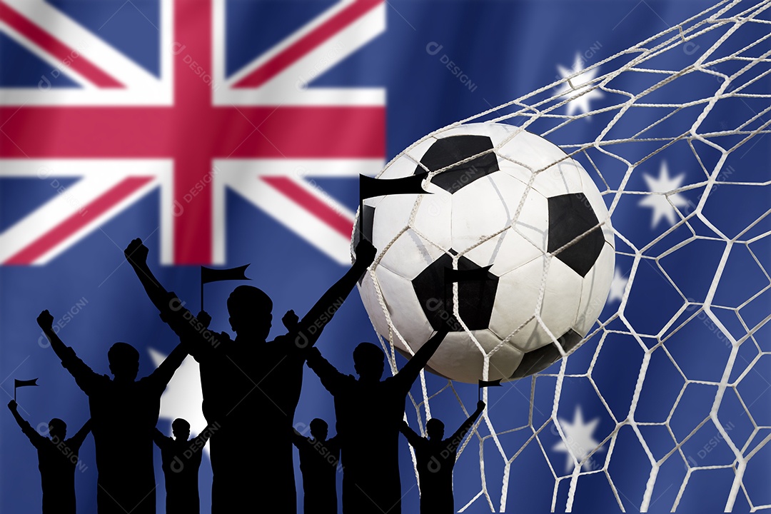 Silhuetas de fãs de futebol com bandeira da Austrália.