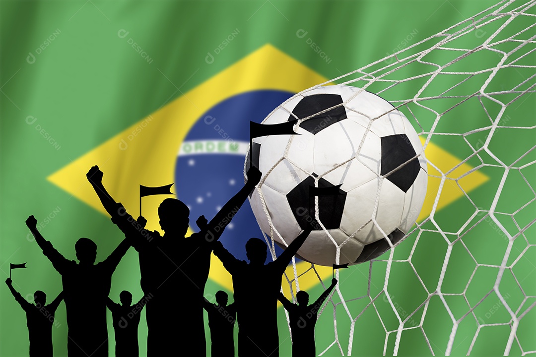 Silhuetas de torcedores de futebol com a bandeira do Brasil.