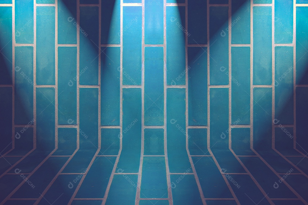 Parede de tijolo azul e três pontos de luz. Cor vintage.