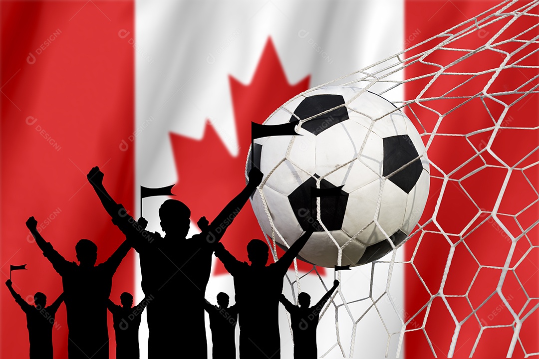 Silhuetas de fãs de futebol com bandeira do Canadá.