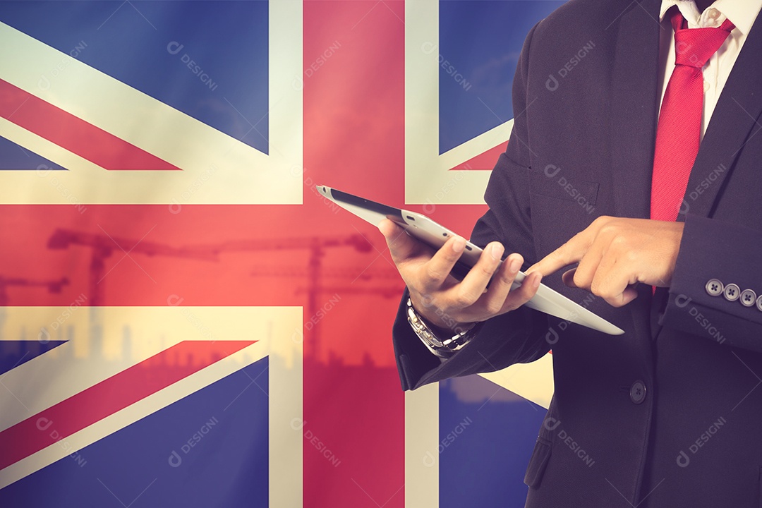 Conceito de comunicações de negócios e mobilidade Bandeira do Reino Unido.