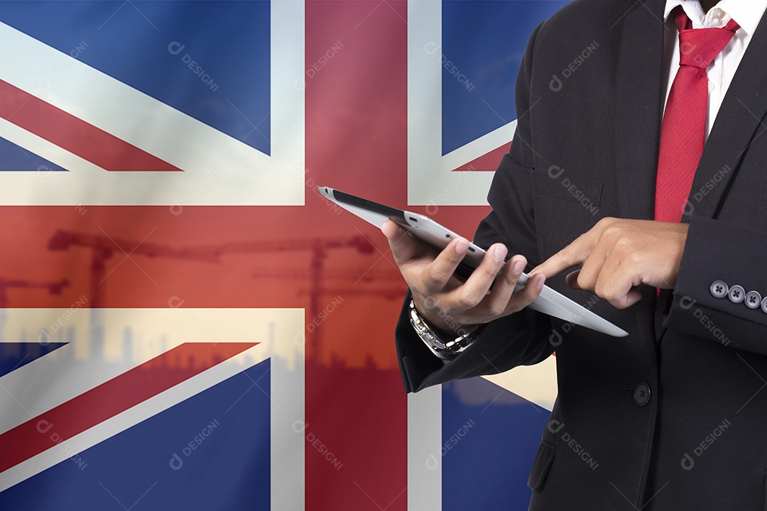 Conceito de comunicações de negócios e mobilidade Bandeira do Reino Unido.