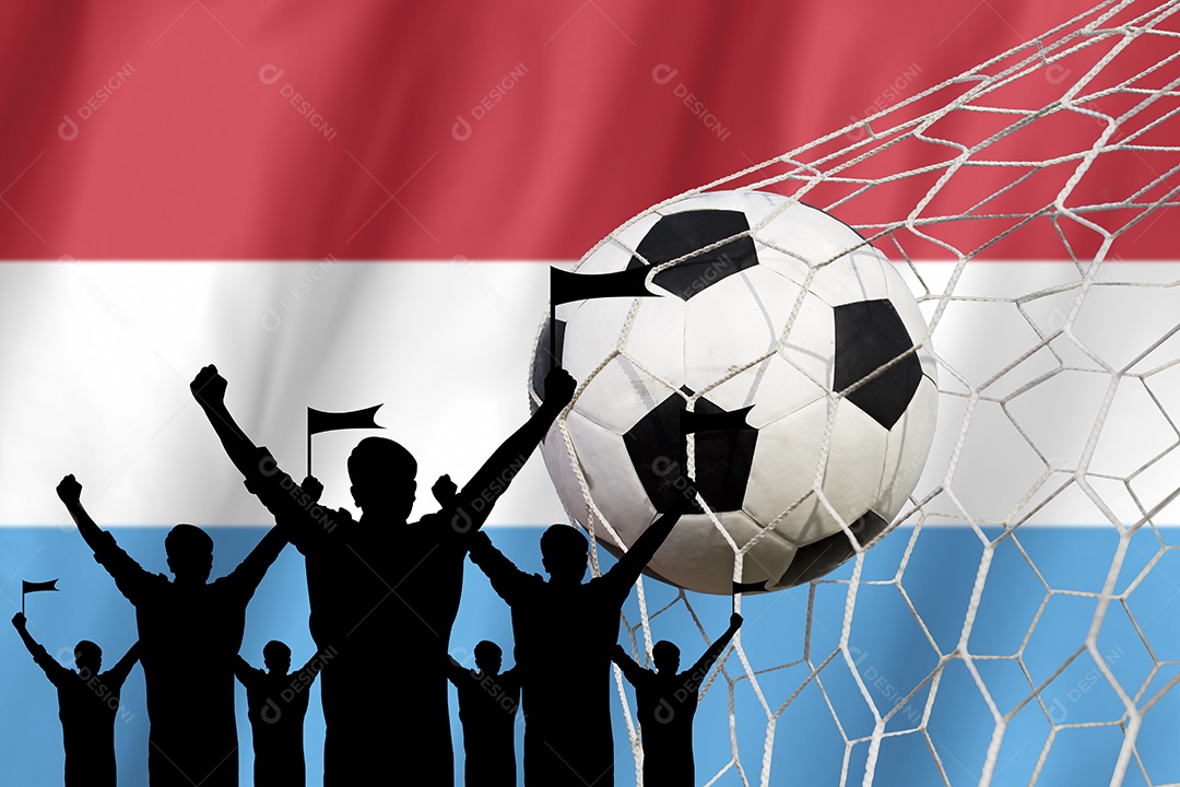 Silhuetas de fãs de futebol com bandeira do Luxemburgo.