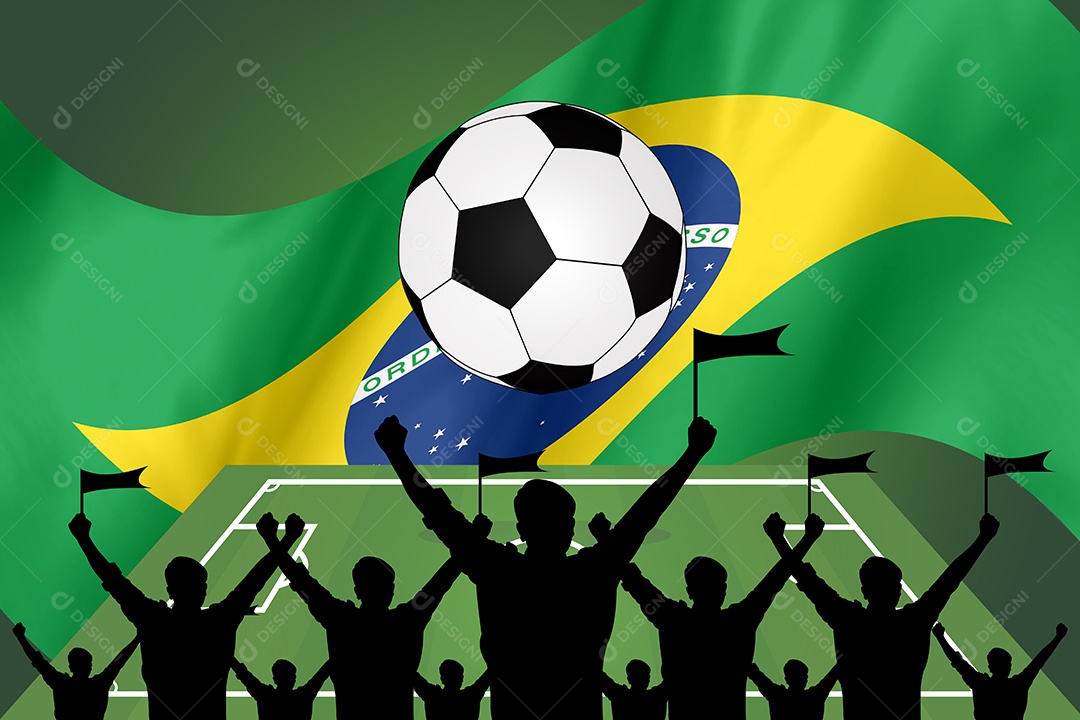Silhuetas de fãs de futebol e bandeira do brasil.