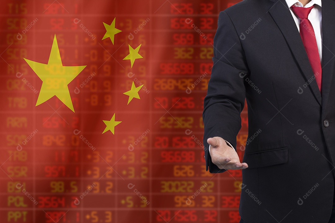 Bandeira da China. Diagrama de dados de estoque de tendência de baixa com homem de negócios.