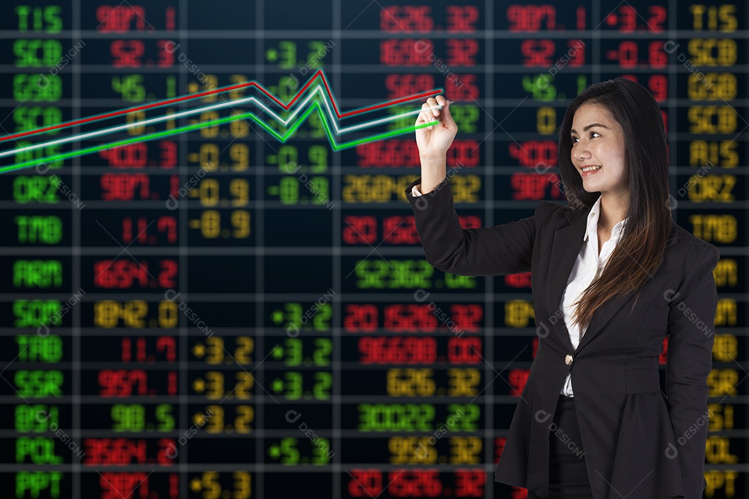 Mulher de negócios em pé com fundo do mercado de ações