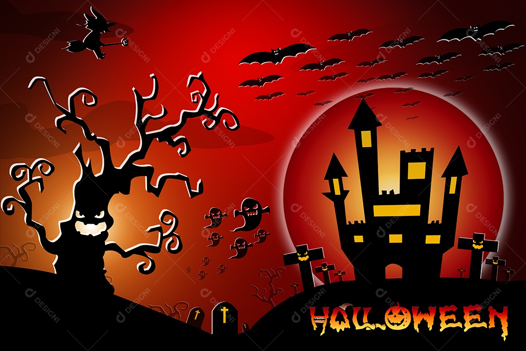 Fundo de design de Halloween com cemitério assustador, árvores nuas.