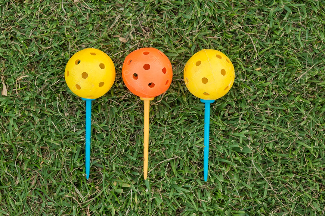 Clube de golfe e bola na grama.